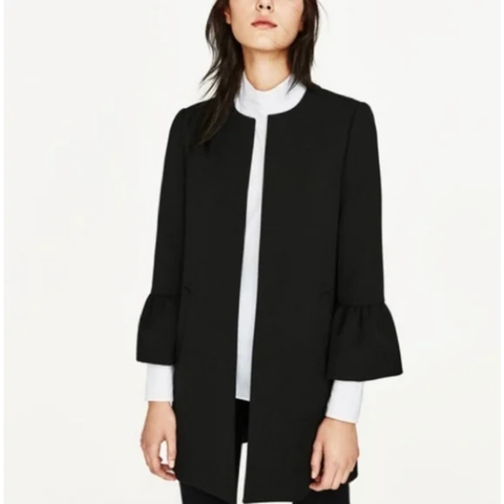 ZARA Bell Sleeve Collarless Coat Long Black Jacket - Picture 1 of 12